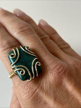 Gold Copper Wire-Wrapped Ring with Green Stone